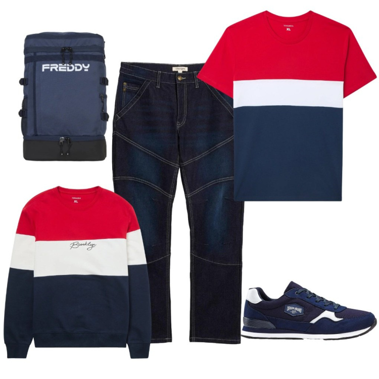 Outfit uomo - #righe.tricolore. Stile Urban per Tutti i giorni. Abbinamento con sneakers, jeans dritti, felpe, t-shirt, borse sportive.