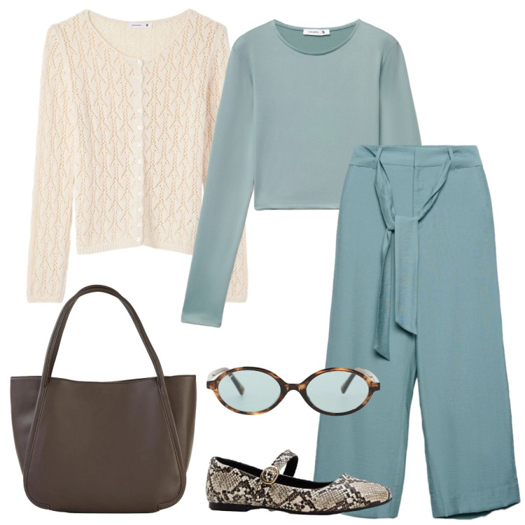 Outfit donna - Passeggiata. Stile Casual chic per Tutti i giorni. Abbinamento con ballerine, shopping bag, cardigans, t-shirt, pantaloni a palazzo, occhiali da sole.