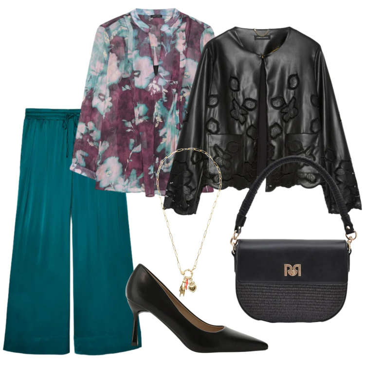 Outfit donna - Serata fuori. Stile Chic per Serata fuori. Abbinamento con blazer, bluse, pantaloni, décolleté, borse a spalla, ciondoli.