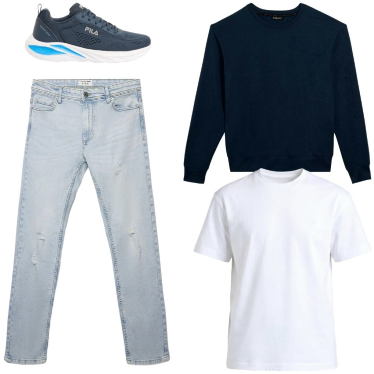 Outfit uomo - #low.cost. Stile Urban per Tutti i giorni. Abbinamento con sneakers, jeans strappati, t-shirt, felpe.