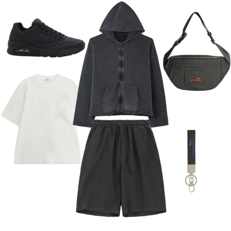 Outfit uomo - #maranza?. Stile Urban per Tutti i giorni. Abbinamento con sneakers, felpe con cappuccio, t-shirt, bermuda, borse sportive, portachiavi.