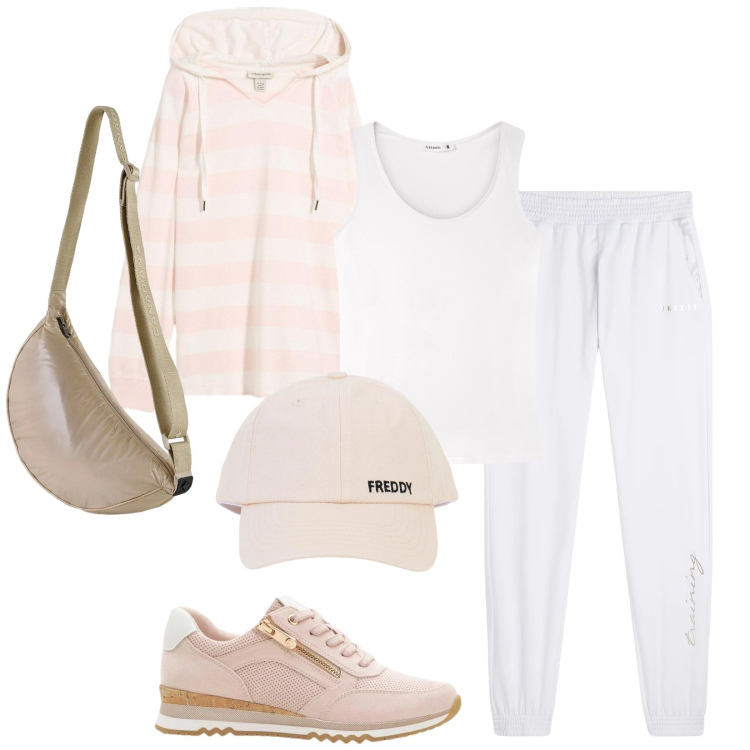 Outfit donna - Total look #2387331. Stile Sporty chic per Tutti i giorni. Abbinamento con felpe con cappuccio, sneakers, top, pantaloni, cappelli con visiera, borse a tracolla.