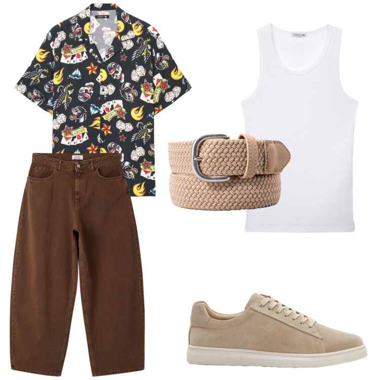 Outfit uomo - ​Modern Vintage Streetwear. Stile Casual per Tutti i giorni. Abbinamento con sneakers, jeans dritti, canottiere, camicie a manica corta, cinture.