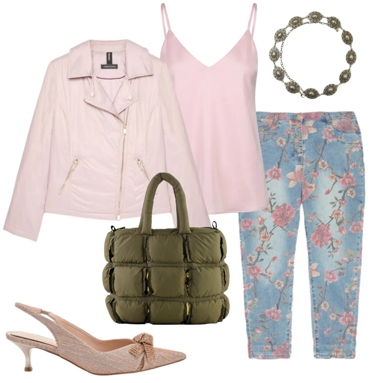 Outfit donna - Denim chiaro di primavera. Stile Casual chic per Scuola/Università. Abbinamento con cinture, piumini, jeans, décolleté, top, borse a mano.