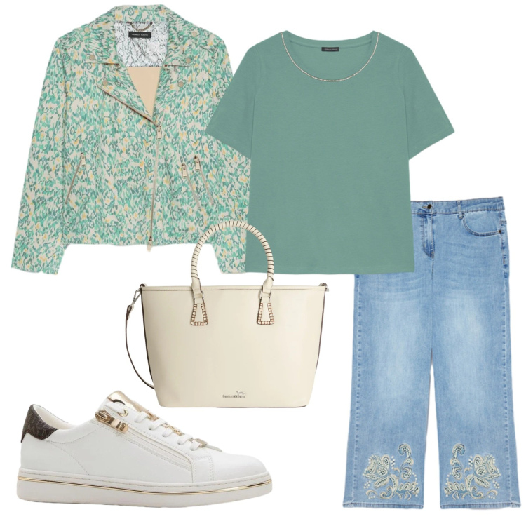 Outfit donna - Denim chiaro di primavera 2. Stile Casual per Tutti i giorni. Abbinamento con sneakers, blazer, jeans, t-shirt, shopping bag.