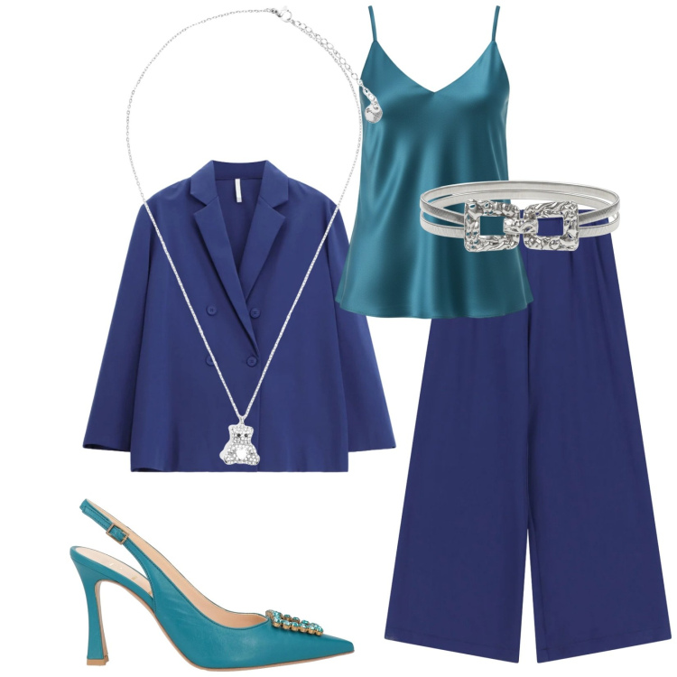 Outfit donna - Total look #2387339. Stile Bon Ton per Cerimonia. Abbinamento con décolleté, pantaloni a palazzo, blazer, canottiere, cinture, ciondoli.