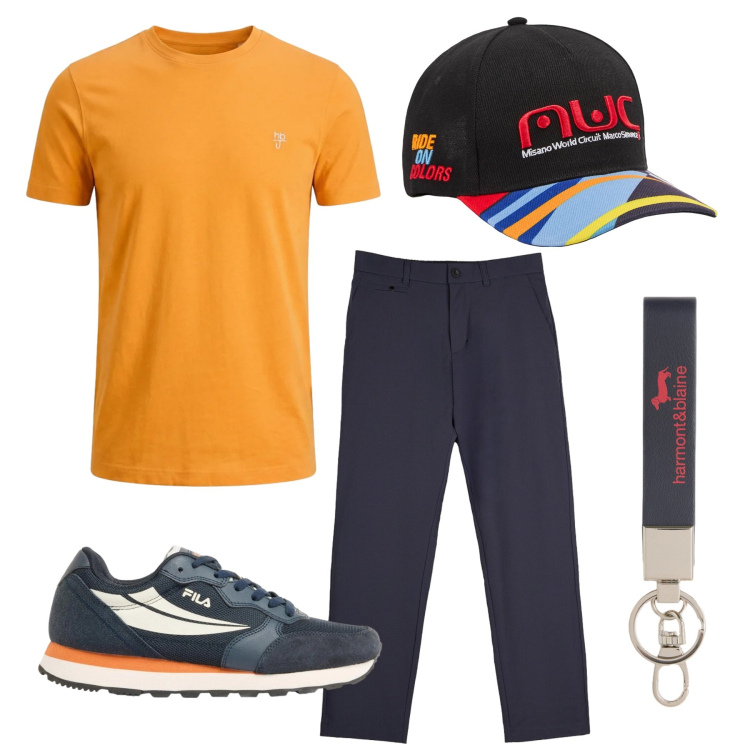 Outfit uomo - Sprint d\'Aprile. Stile Casual per Sport. Abbinamento con sneakers, cappelli, portachiavi, t-shirt, pantaloni chino.
