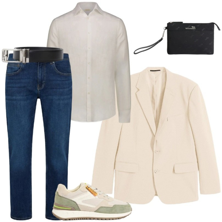 Outfit uomo - Total look #2387341. Stile Casual per Ufficio. Abbinamento con giacche, sneakers, borse sportive, jeans dritti, cinture, camicie.