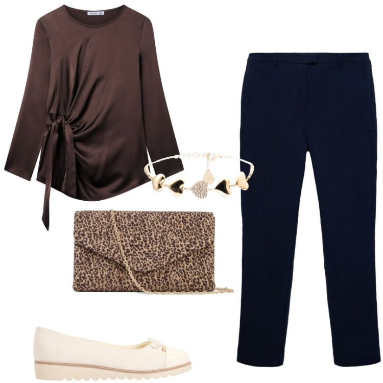 Outfit donna - Comodità e femminilità. Stile Casual per Ufficio. Abbinamento con ballerine, clutch, bluse, pantaloni skinny, braccialetti.