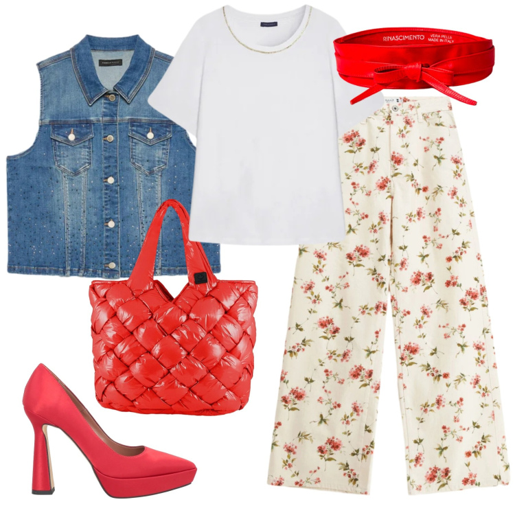 Outfit donna - Fiori sui pantaloni. Stile Glamour per Scuola/Università. Abbinamento con décolleté, t-shirt, gilet, pantaloni a palazzo, cinture, borse tote.