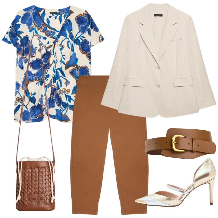 Outfit donna - Les fleurs. Stile Casual chic per Ufficio. Abbinamento con cinture, borse a secchiello, pantaloni, bluse, blazer, décolleté.