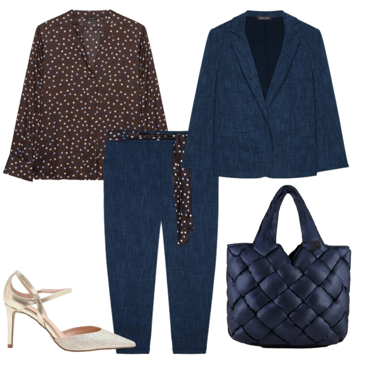 Outfit donna - Tailleur di jeans. Stile Casual chic per Ufficio. Abbinamento con décolleté, bluse, blazer, jeans, borse tote.