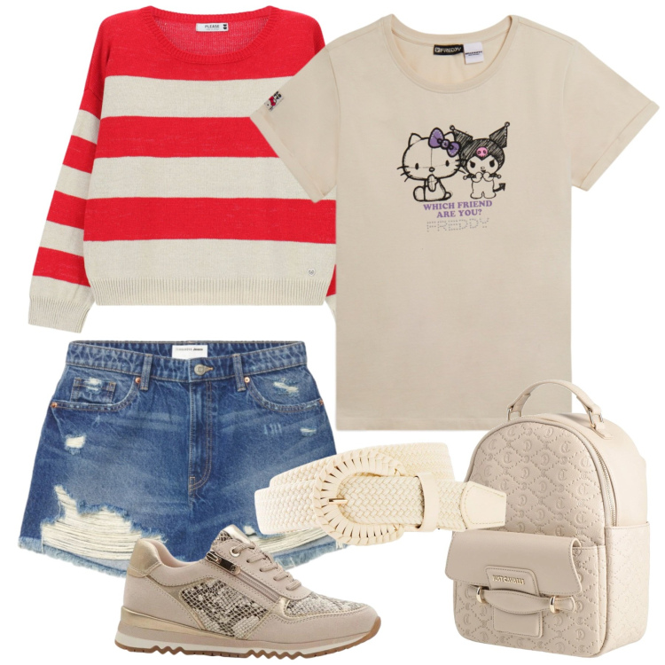 Outfit donna - Passeggiata. Stile Basic per Tutti i giorni. Abbinamento con zaini, cinture, sneakers, shorts, maglieria, t-shirt.