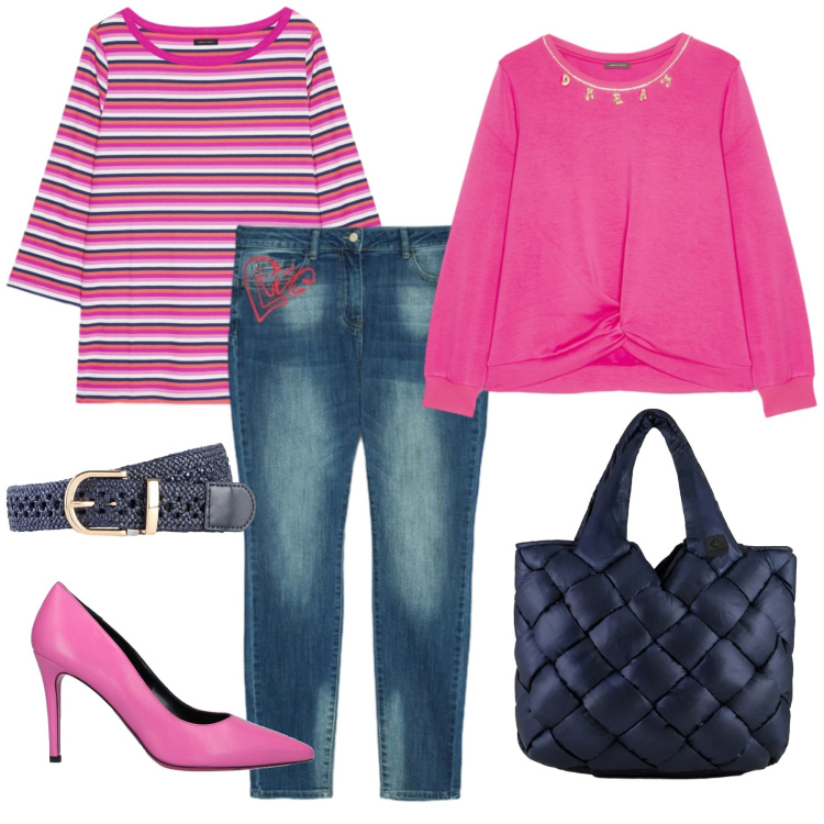 Outfit donna - Vestirsi a strati in primavera. Stile Casual chic per Ufficio. Abbinamento con décolleté, cinture, t-shirt, felpe, jeans skinny, borse tote.