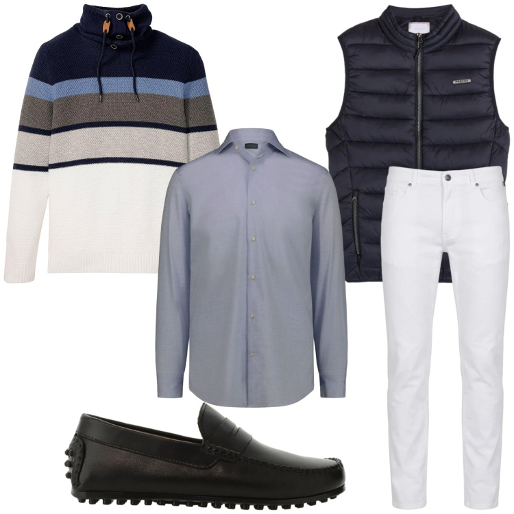 Outfit uomo - Verso l’estate. Stile Casual per Tutti i giorni. Abbinamento con maglieria, scarpe stringate, pantaloni, piumini, camicie.