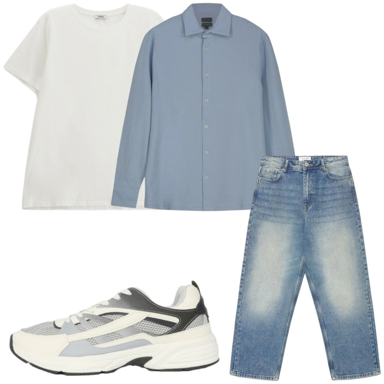 Outfit uomo - Minimal. Stile Trendy per Tutti i giorni. Abbinamento con jeans dritti, sneakers, t-shirt, polo.