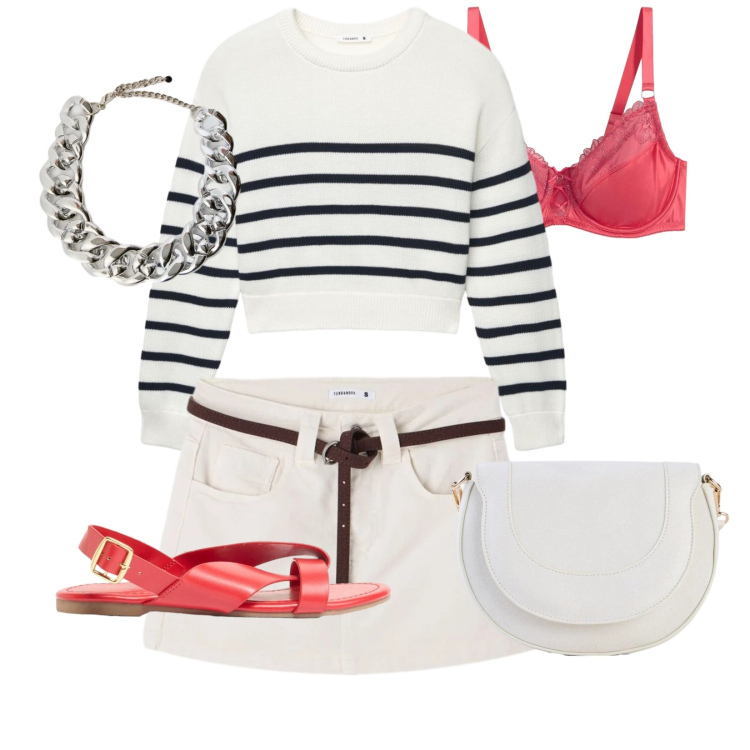 Outfit donna - Total look #2387397. Stile Sporty chic per Scuola/Università. Abbinamento con reggiseni, borse a tracolla, sandali, maglieria, minigonne, collane.