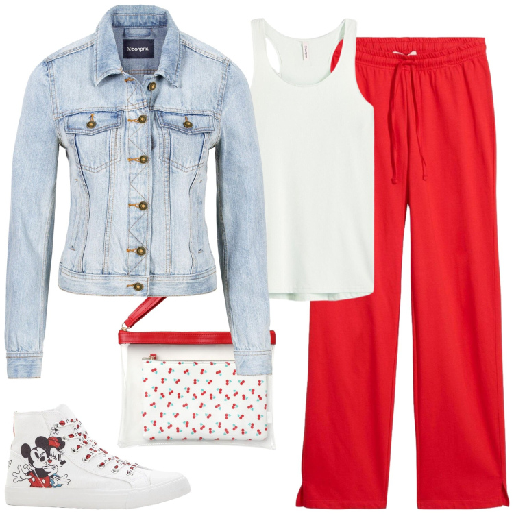 Outfit donna - Casual Pop Rosso & Denim. Stile Sporty chic per Tutti i giorni. Abbinamento con giacche sportive, pantaloni, sneakers alte, top sportivi, t-shirt sportive, pochette.
