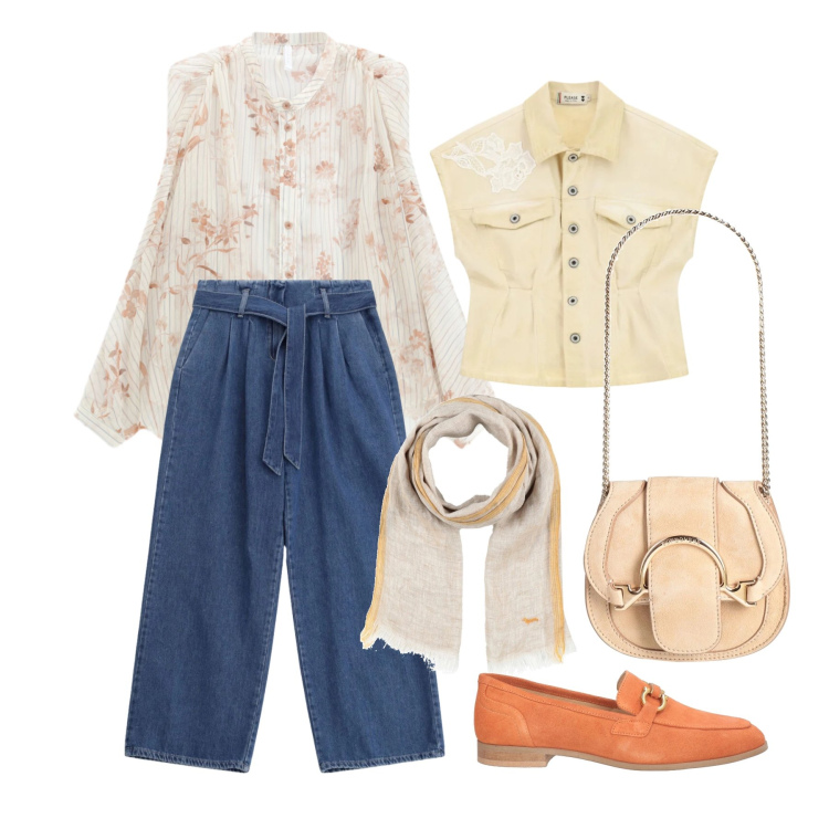 Outfit donna - Aprile. Stile Casual chic per Tutti i giorni. Abbinamento con marsupi, mocassini, sciarpe, blazer, jeans, camicie.