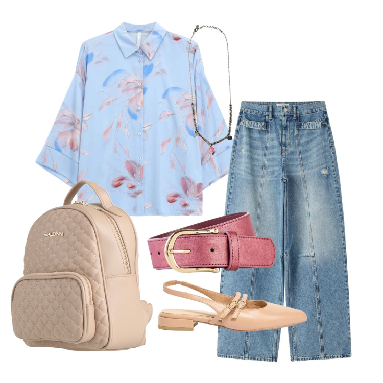 Outfit donna - Aprile. Stile Casual chic per Tutti i giorni. Abbinamento con zaini, cinture, ballerine, jeans, camicie, ciondoli.