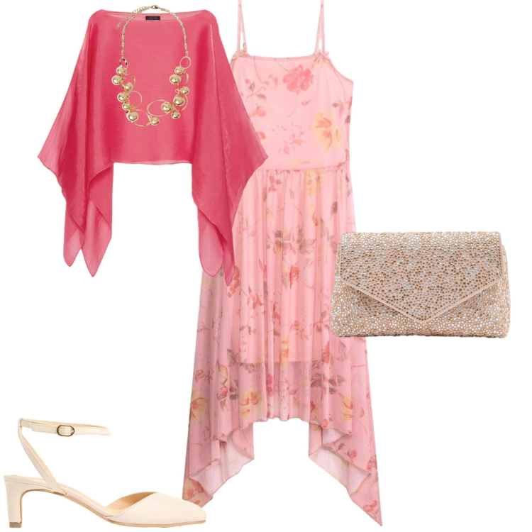 Outfit donna - LES flores sont belles. Stile Chic per Cerimonia. Abbinamento con vestiti midi/longuette, décolleté, blazer, collane, pochette.