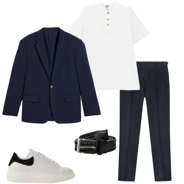 Outfit uomo - Smart casual primaverile. Stile Business/Elegante per Serata speciale. Abbinamento con giacche, sneakers, t-shirt, cinture, pantaloni.