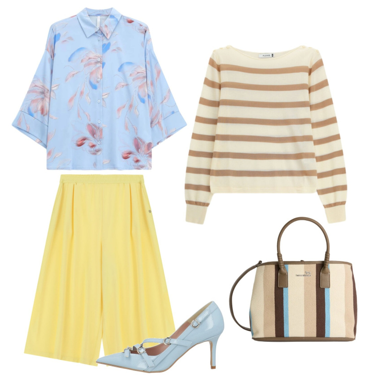 Outfit donna - Pomeriggio d\' aprile. Stile Casual chic per Tutti i giorni. Abbinamento con décolleté, camicie, maglieria, pantaloni a palazzo, shopping bag.