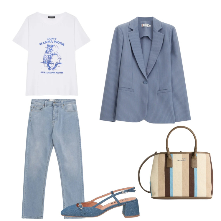 Outfit donna - Mercato di primavera. Stile Casual chic Abbinamento con décolleté, t-shirt, blazer, jeans, shopping bag.