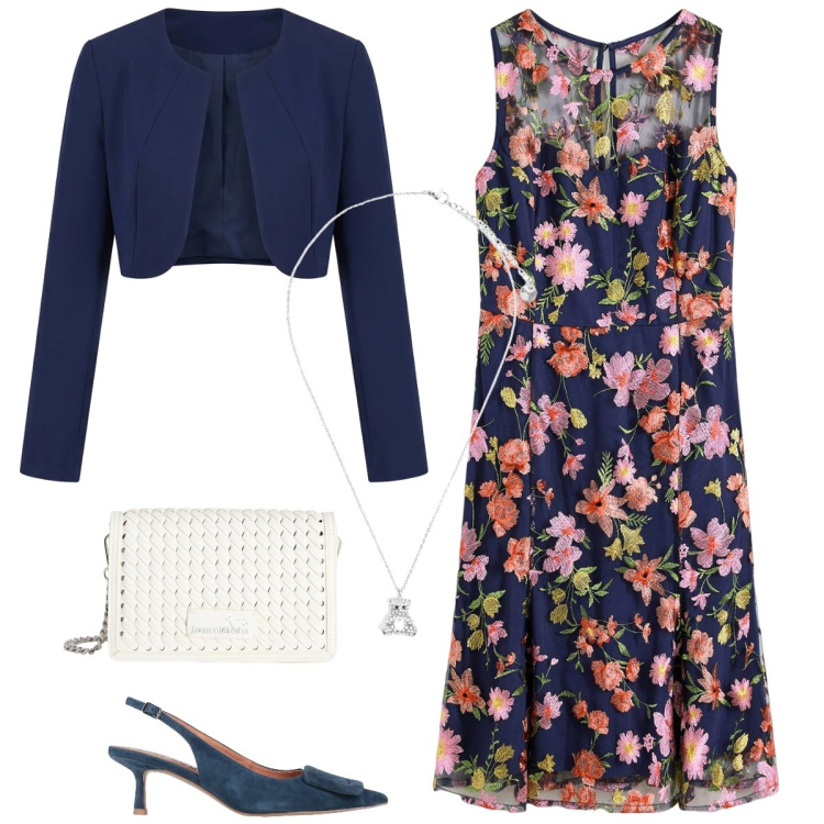 Outfit donna - Cerimonia. Stile Romantica per Cerimonia. Abbinamento con décolleté, vestiti midi/longuette, bolero, borse a tracolla, ciondoli.