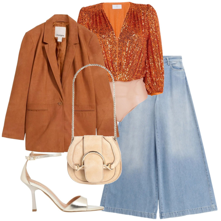 Outfit donna - Blazer in pelle scamosciata. Stile Glamour per Serata fuori. Abbinamento con body, marsupi, sandali in pelle, blazer, jeans.