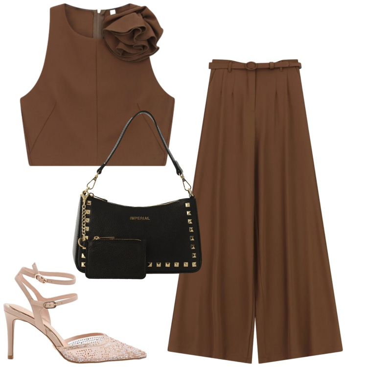 Outfit donna - Imperial. Stile Trendy per Serata fuori. Abbinamento con top, pantaloni a palazzo, borse a spalla, décolleté.