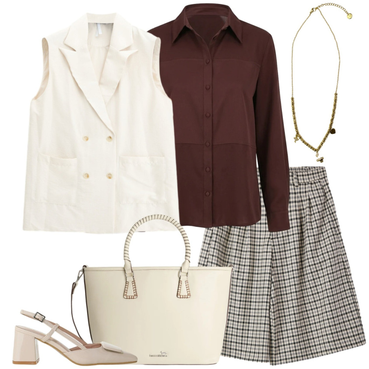 Outfit donna - I bermuda in ufficio. Stile Casual chic per Ufficio. Abbinamento con bermuda, shopping bag, gilet, décolleté, camicie, ciondoli.