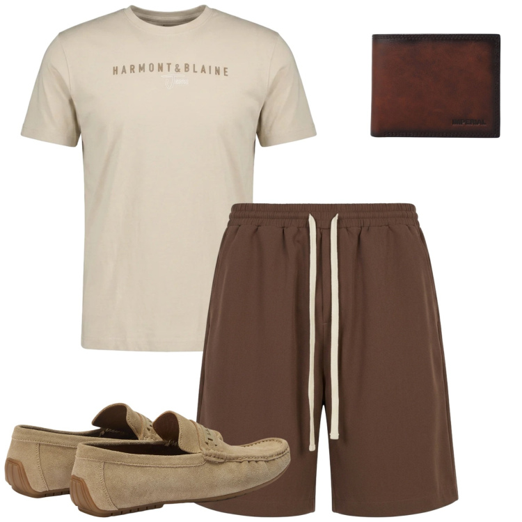 Outfit uomo - Day off. Stile Casual per Tutti i giorni. Abbinamento con pantaloni corti, portafogli, scarpe stringate, t-shirt.