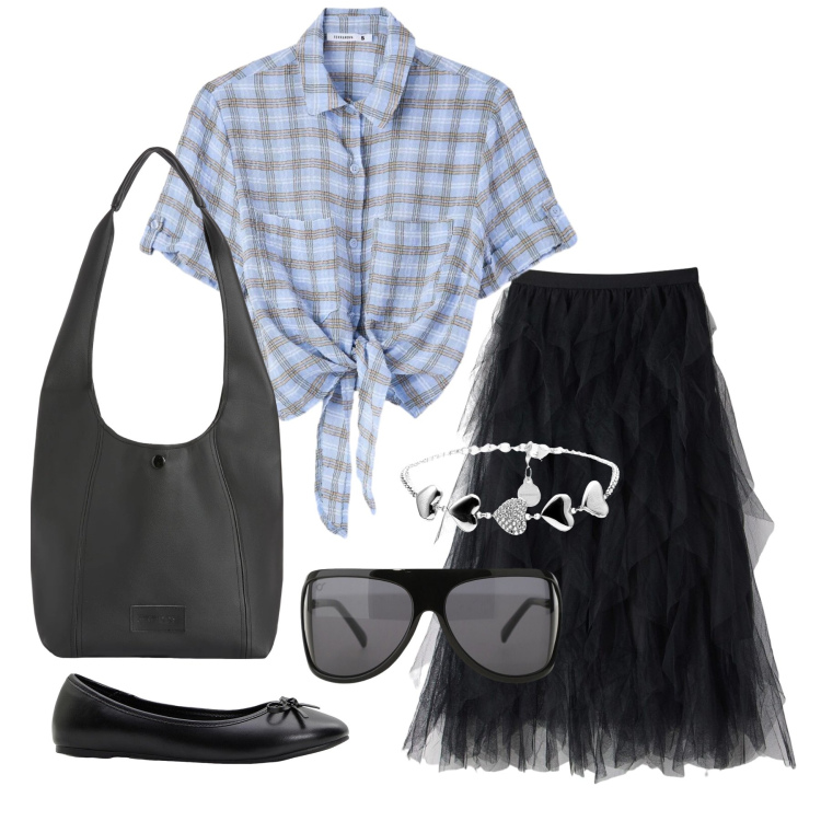 Outfit donna - Aprile. Stile Trendy per Tutti i giorni. Abbinamento con ballerine, gonne lunghe, camicie a manica corta, occhiali da sole, borse a spalla, braccialetti.