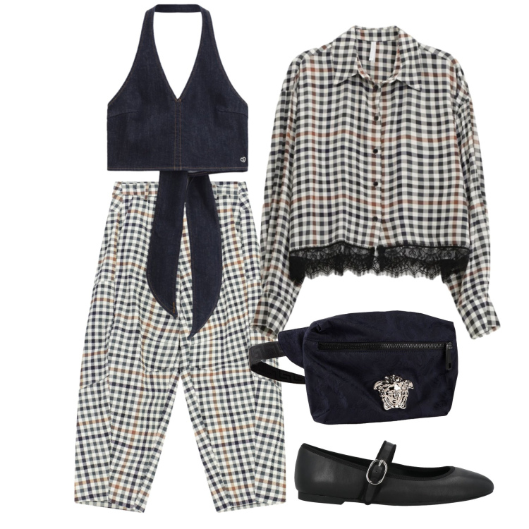 Outfit donna - Aprile. Stile Glamour per Tutti i giorni. Abbinamento con marsupi, ballerine, top, camicie, pantaloni a palazzo.