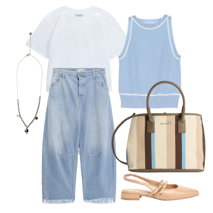 Outfit donna - Aprile. Stile Casual chic per Tutti i giorni. Abbinamento con ballerine, top, t-shirt, jeans, shopping bag, ciondoli.