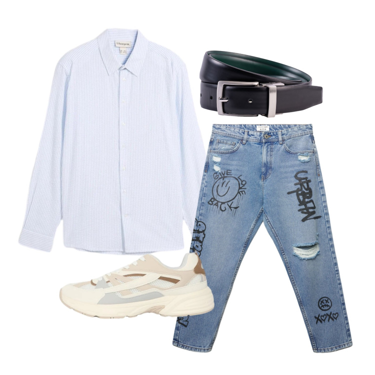 Outfit uomo - Aprile. Stile Casual per Tutti i giorni. Abbinamento con camicie, jeans strappati, sneakers, cinture.
