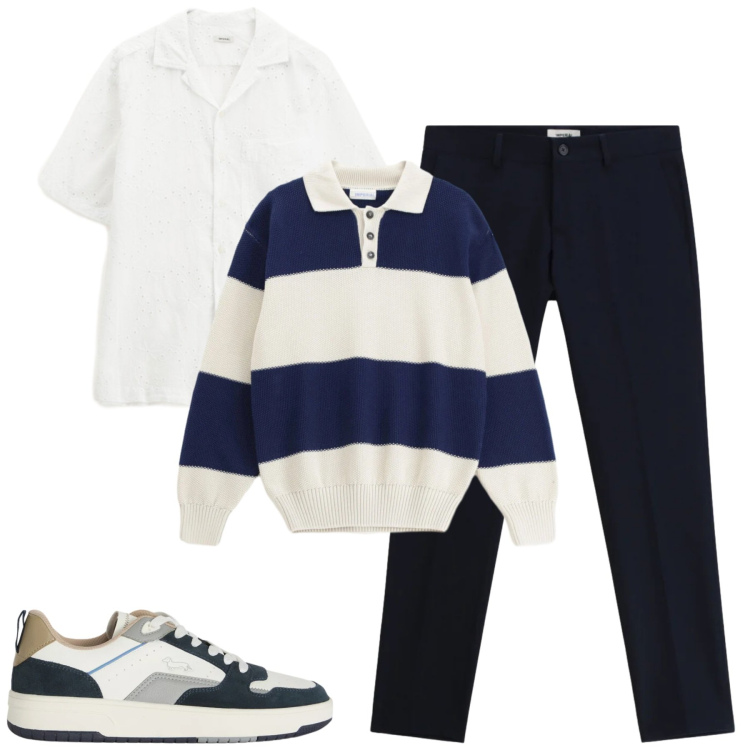 Outfit uomo - City. Stile Urban per Tutti i giorni. Abbinamento con pantaloni, maglieria, camicie a manica corta, sneakers.