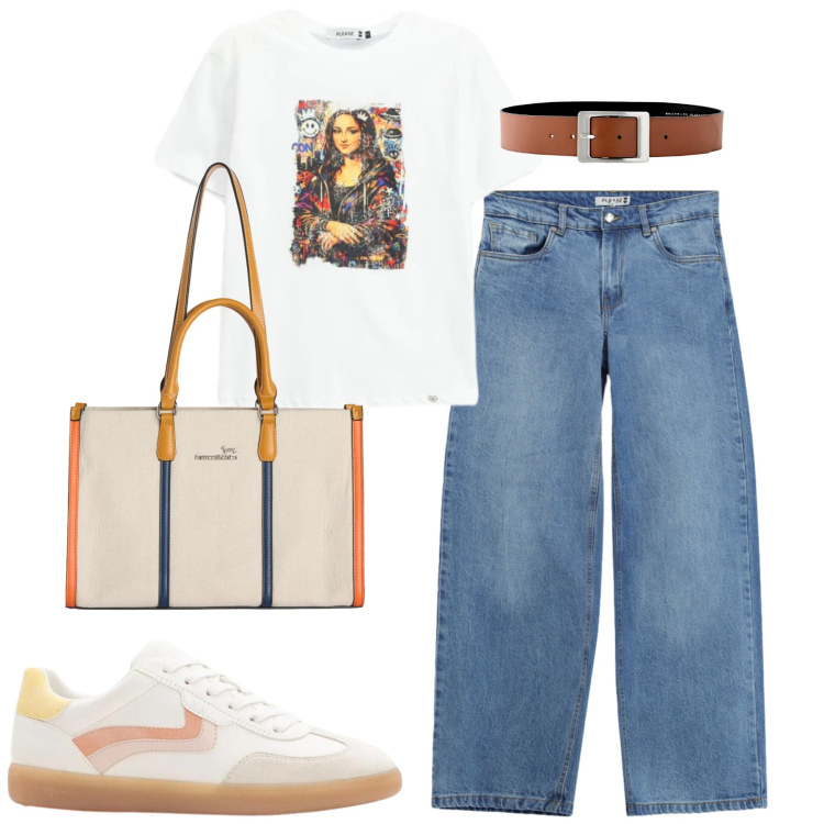 Outfit donna - Aprile. Stile Casual per Tutti i giorni. Abbinamento con cinture, sneakers, borse tote, t-shirt, jeans.