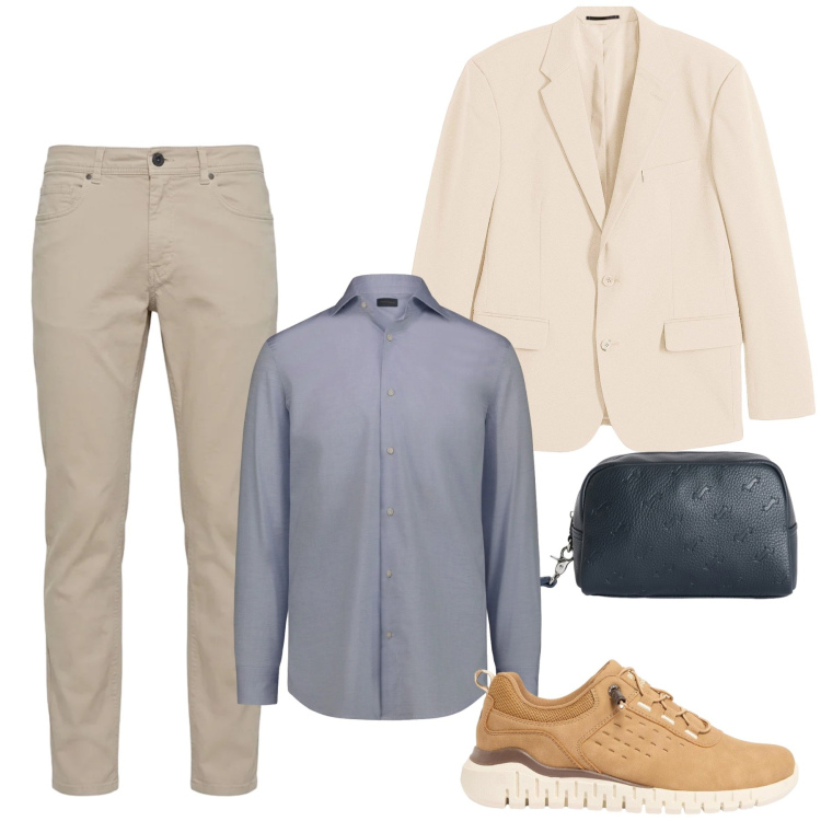 Outfit uomo - Urban Elegance in Blue & Sand. Stile Urban per Tutti i giorni. Abbinamento con giacche, sneakers, borse sportive, pantaloni, camicie.
