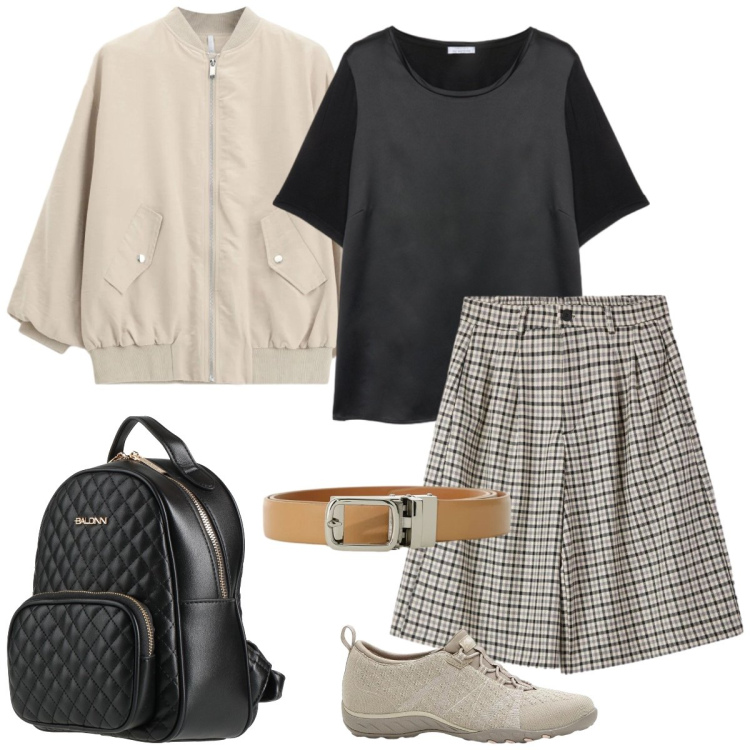 Outfit donna - Dinamica. Stile Casual chic per Tutti i giorni. Abbinamento con zaini, sneakers, bermuda, t-shirt, bomber, cinture.