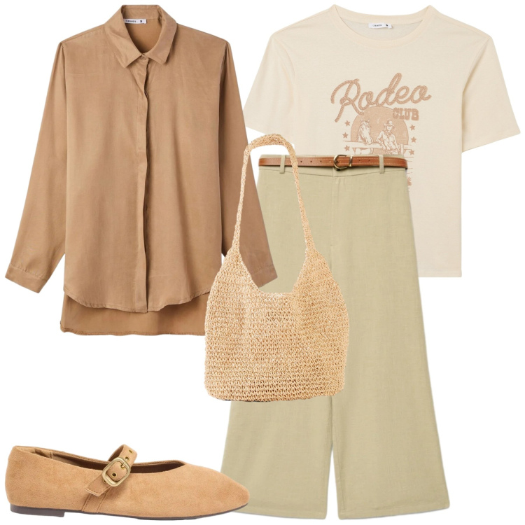 Outfit donna - Total look #2387500. Stile Urban per Tutti i giorni. Abbinamento con shopping bag, ballerine, pantaloni a palazzo, camicie, t-shirt.