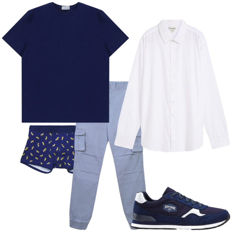 Outfit uomo - Total look #2387503. Stile Urban per Tutti i giorni. Abbinamento con sneakers, camicie, pantaloni cargo, slip, t-shirt.