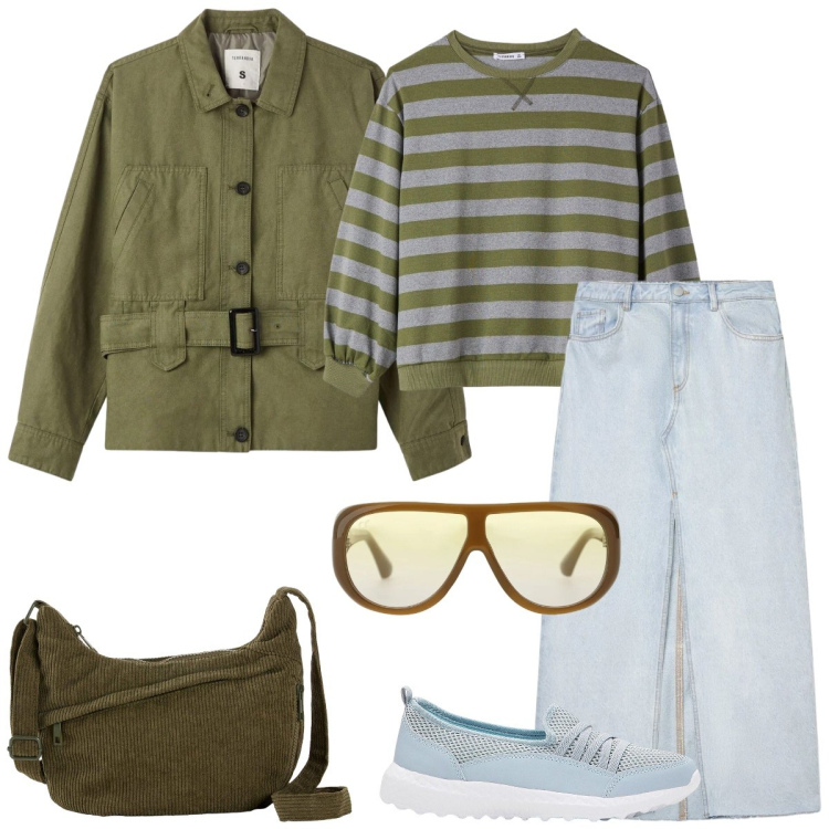 Outfit donna - Total look #2387504. Stile Casual per Tutti i giorni. Abbinamento con sneakers, borse a tracolla, gonne lunghe, t-shirt, cappotti, occhiali da sole.