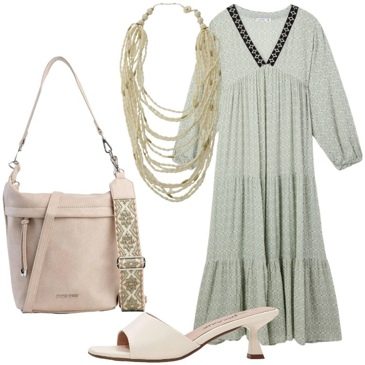 Outfit donna - Un abito per aprile - Focus Donna Curvy. Stile Etnico per Serata fuori. Abbinamento con ciabatte, borse a tracolla, vestiti lunghi, collane.