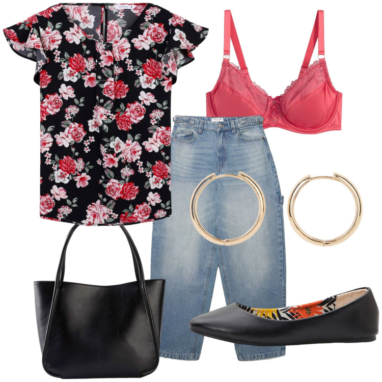 Outfit donna - Fiori. Stile Trendy per Tutti i giorni. Abbinamento con ballerine, shopping bag, orecchini, reggiseni, bluse, jeans.