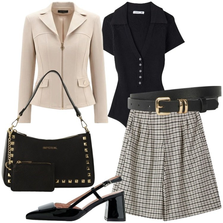 Outfit donna - I quadretti per i tutti i giorni. Stile Trendy per Ufficio. Abbinamento con cinture, bermuda, t-shirt, borse a spalla, décolleté, blazer.