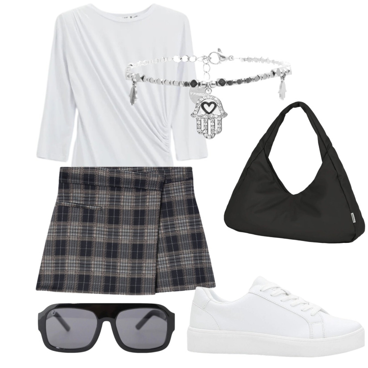 Outfit donna - La gonna a quadri. Stile Trendy per Tutti i giorni. Abbinamento con sneakers, minigonne, top, occhiali da sole, braccialetti, borse a spalla.