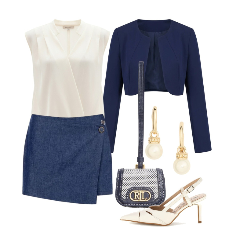 Outfit donna - Rinascimento Spring Elegance. Stile Chic per Cerimonia. Abbinamento con top, bolero, minigonne, orecchini, pochette, décolleté.