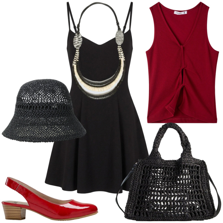 Outfit donna - Passeggiata chic. Stile Basic per Tutti i giorni. Abbinamento con borse a tracolla, décolleté, top, vestiti corti, cappelli, collane.